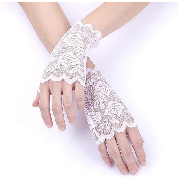 Lace Gloves Fingerless, Flower Pattern Bridal Gloves for Wedding Short Gloves Lace for Women Tea Party Prom Masquerade, One Pair(White)