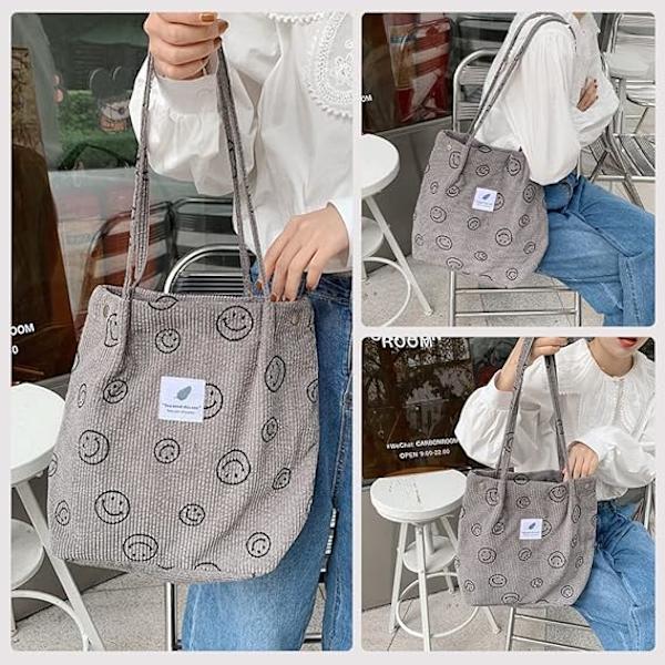 Smiley Face Tote Bag, Corduroy Tote Bag Aesthetic Smiley Cute Tote Bags Handbag Shoulder Bags Teen Girls Trendy Stuff