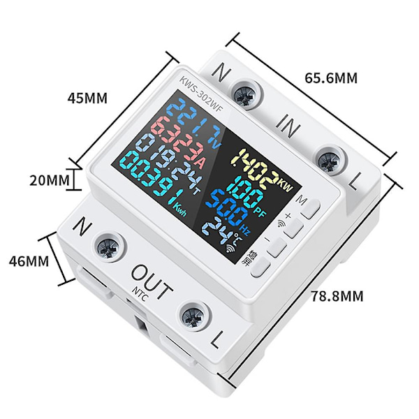 Tuya WiFi 8-i-1 Strømmåler Fargeskjerm 2P Multifunksjonell AC Energimåler Mobiltelefon Fjernstyrt APP C Multicolor KWS-302WF