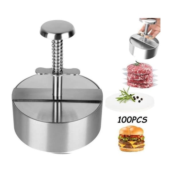 Burgerpress, form för köttfärs, justerbar köttfärspress, hamburgerpress + bakplåtspapper, för fester, köttbullar, ravioli