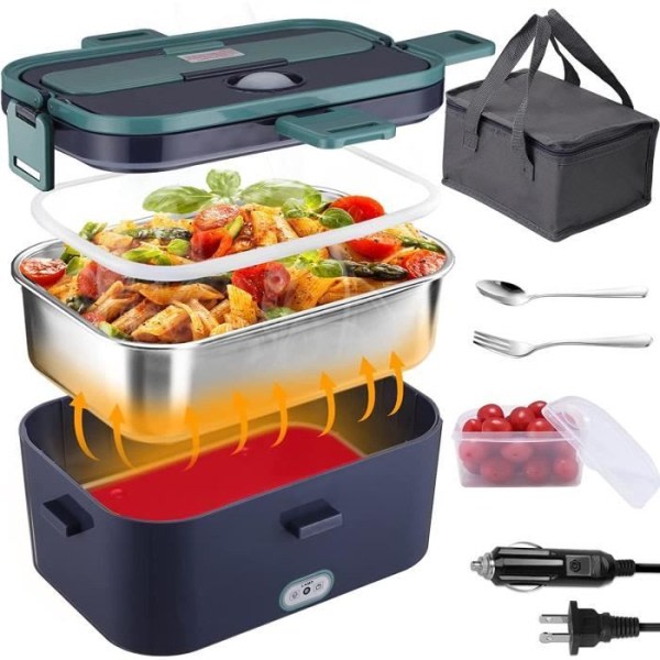 60W Heated Lunch Box 1.6L Lunch Box 12V/24V/220V Electric Heated Lunch Box with Spoon and Two Compartments