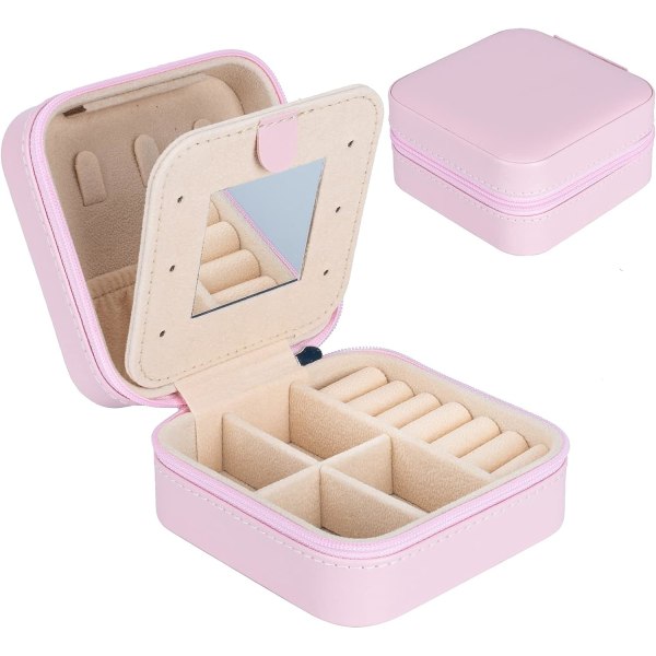 Mini Bärbar Smyckeskrin Organizer, Resväska Smyckeskrin, Läder Dubbelskikts Smyckeskrin med Spegel, Smyckeskrin Flickor Kvinnor (Rosa)