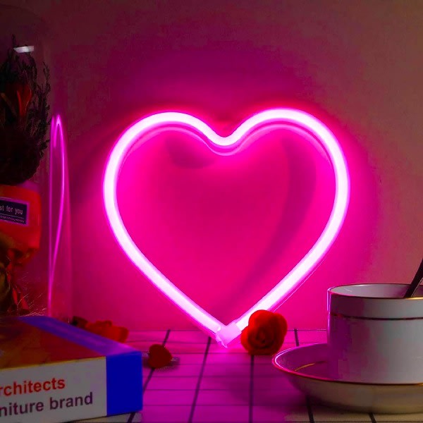 Pink Heart Neon Skilt, LED Neon Lys Batteridrevet eller USB-drevet Dekorationslampe, Bord- og Vægdekoration