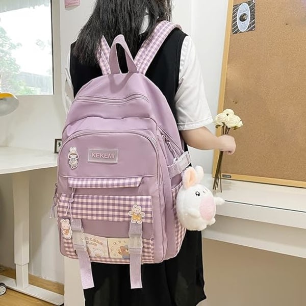 Kawaii Harajuku Ryggsekk Søt Rutete Student Ryggsekk (Blå)