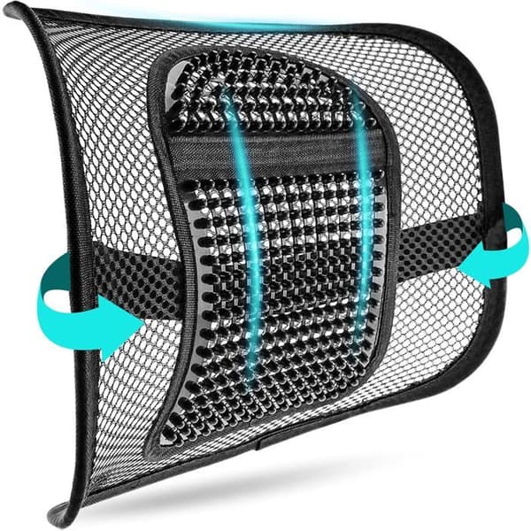 Andningsbar svankstödskudde i mesh - Elastisk fästrem - Lindring av ryggsmärta - För stol/bil/kontor