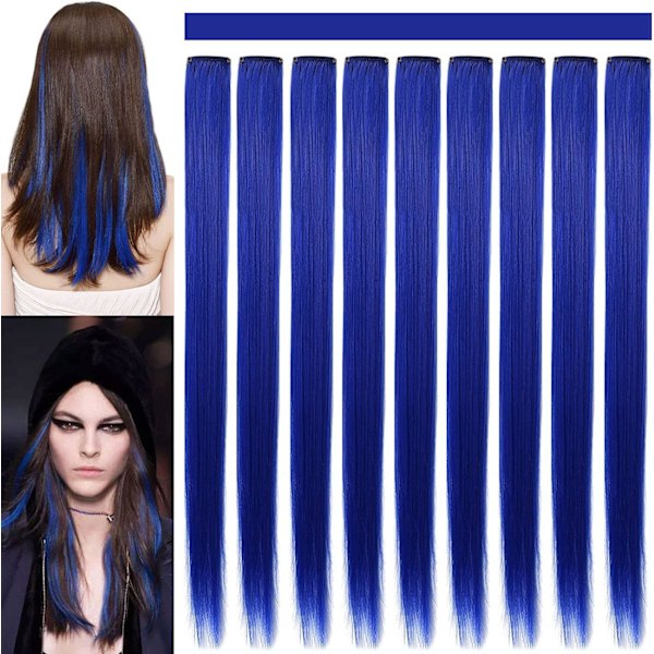 9PCS 21\" Fargede Clip-in Hårextensions Blå Hårextensions Clip-in Jenter Blå Hårclips Hårextensions for Kvinnefest Høydepunkter (Blå)