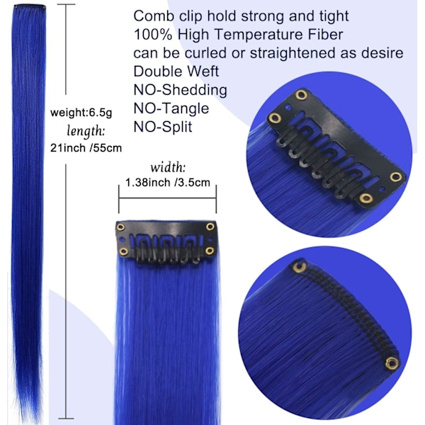 9PCS 21\" Fargede Clip-in Hårextensions Blå Hårextensions Clip-in Jenter Blå Hårclips Hårextensions for Kvinnefest Høydepunkter (Blå)