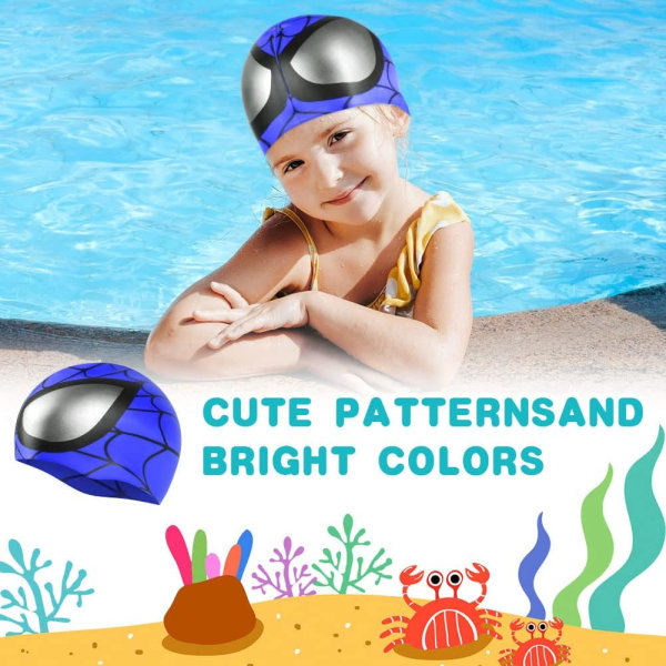 Badehette for barn, Elastisk badehatt i silikon for gutter og jenter, Komfortabel svømmehatt for langt og kort hår, Sklisikkert enhjørningsedderkoppmønster