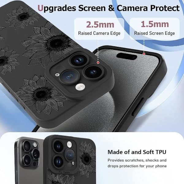 Blomsteret etui til iPhone 16 Pro Max, sødt solsikkedesign, blød TPU, stødabsorberende beskyttelse til kvinder