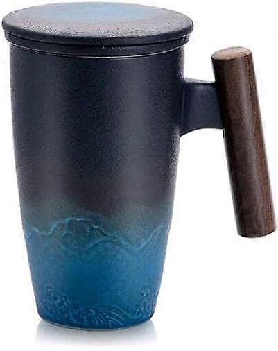 Tekopp med lokk, porselen krus med rustfritt stålfilter, gradient stor keramisk tekopp (gradient blå)
