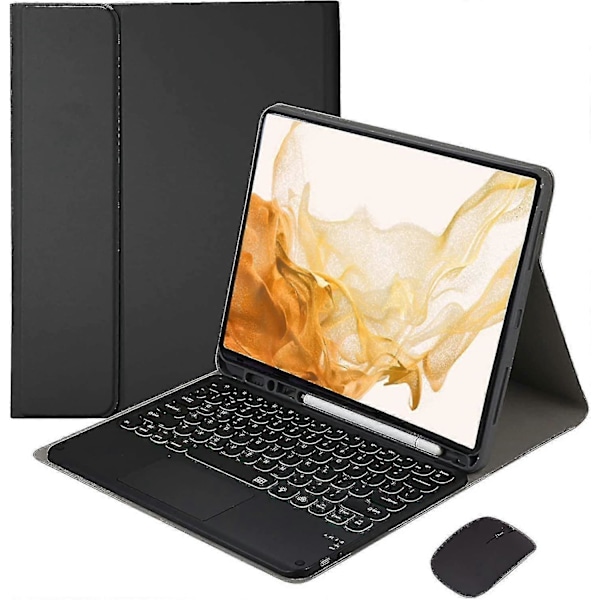 Belyst tangentbordfodral för Galaxy Tab A8 10,5 tum 2022, avtagbar trådlös styrplatta med mus, 7 färger bakgrundsbelysning, tunt och lätt PU-läder Black
