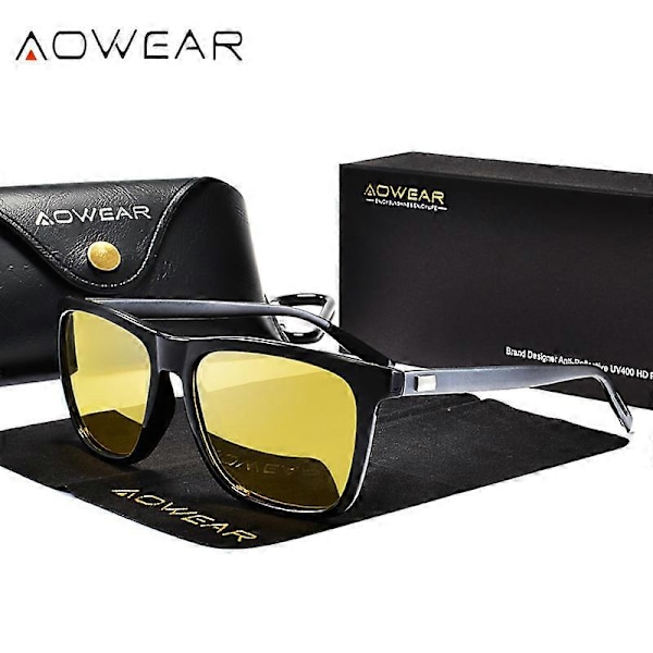 AOWEAR HD Mörkerseende Glasögon Män Aluminium Gula Linser Solglasögon Män Polariserade Natt Säker Körning Glasögon Oculos Gafas De Sol Brown Night Vision
