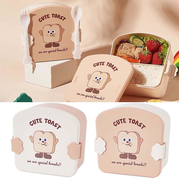 1 Set Lunchlåda Läcksäker 3 Fack Lunchlåda med Bestick Tecknad Toast Mönster Studenter Bento Låda
