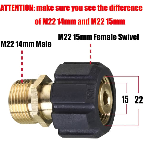 Trykvaskeforbindelse M22 15mm 2# M22 15mm hun til M22 14mm han