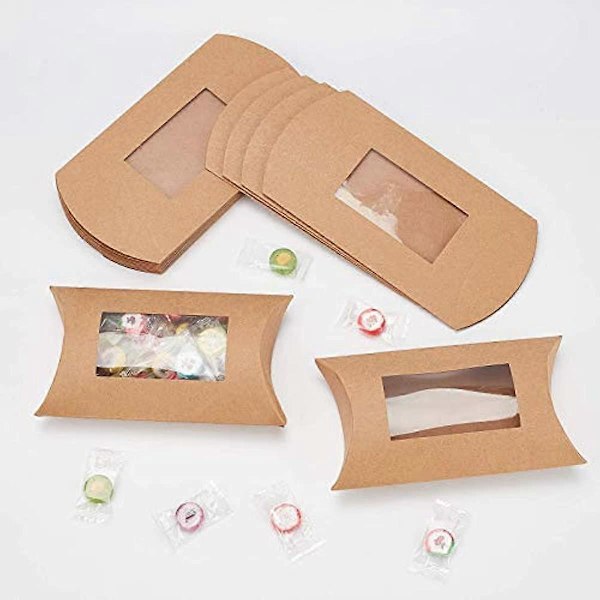 20 kpl ruskeita kraft-tyynylaatikoita, paperi-ikkunalaatikko karkeille, kekseille ja syntymäpäivä- ja hääjuhlapalveluksille, 17,3 x 9,9 x 3,8 cm