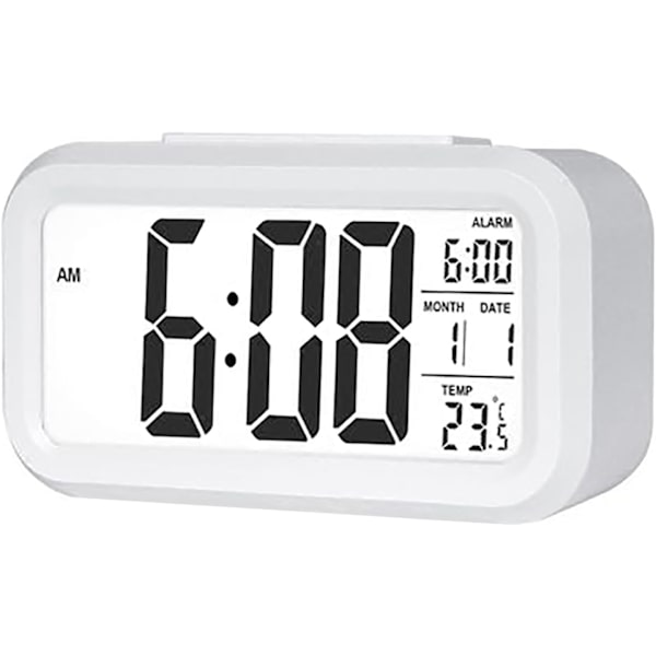 12/24 timmars digital väckarklocka sängbordsklocka med bakgrundsbelyst LCD-skärm datum kalender och temperaturvisning (vit