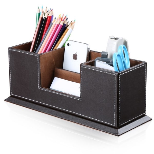 Pen Holder, Desk Organizer, Practical Pen Box with 4 Compartments, Elegant PU Leather Office Organizer, Multifunctional Pen Holder Desk, Pen Holder