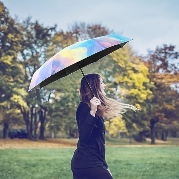 Paraply vindtæt robust, 8 ribbet mini paraply med kapsel etui, UV resistent paraply med ergonomisk håndtag, regnbue bærbar lommeparaply