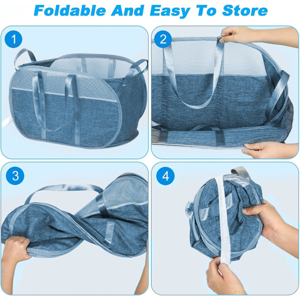 Popup-mesh-tøyskurv Stor sammenleggbar mesh-tøykurv, lett nettingkurv med håndtak til skitten klær (blå)