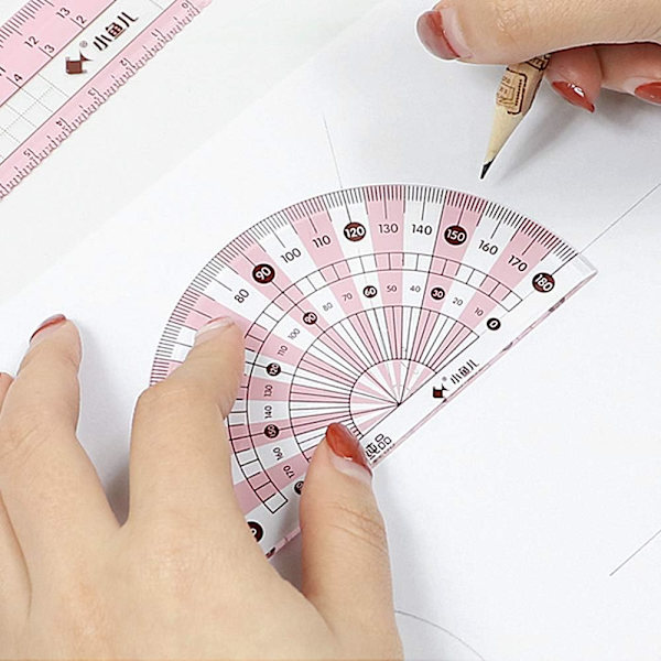 Matematik sæt, 8 stk. geometri sæt, metal holdbar ydre boks sæt, vinkelmåler og passer sæt med lineal vinkelmåler viskelæder (Pink)