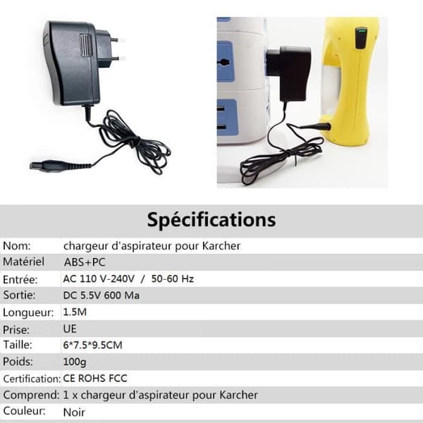 Strømforsyningslader - Kärcher - 5.5V 600mA - Overbelastningsbeskyttelse - 1.5m Kabel - EU-plugg