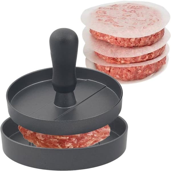 Hamburgerform i aluminium med 200 ark non-stick papper, diskmaskinssäker (svart).