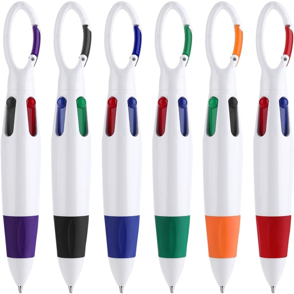 6 stk. Retractable Shuttle Penner med Karabinkrok, 4-i-1 Kulspisser Multicolor Penner med Spenne Nøkkelring på Toppen