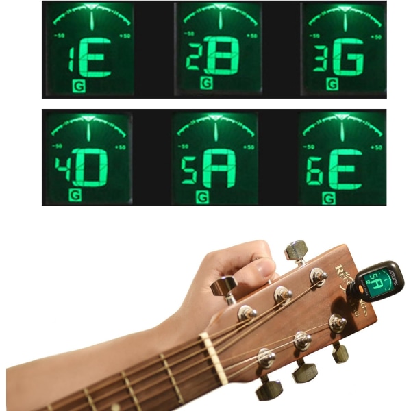 Gitar Tuner 2 sett, Mini Clip-on Tuner for gitar/bass/ukulele og fiolin/anti-interferens farge LCD-skjerm/batteri inkludert/automatisk avslåing (2 PACK)