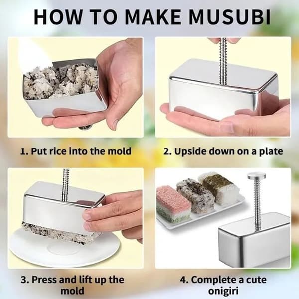 Rektangulær Onigiri-form med presser, rustfritt stål, DIY Sushi-verktøy for risboller, 10,2 x 5,7 x 11,5 cm