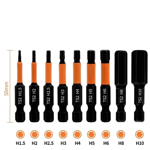 Professionella H1.5-H10 Set 9 st. Längd 50 mm Hex Magnetiska Impactskruv med 1/4\" Hex Skaft
