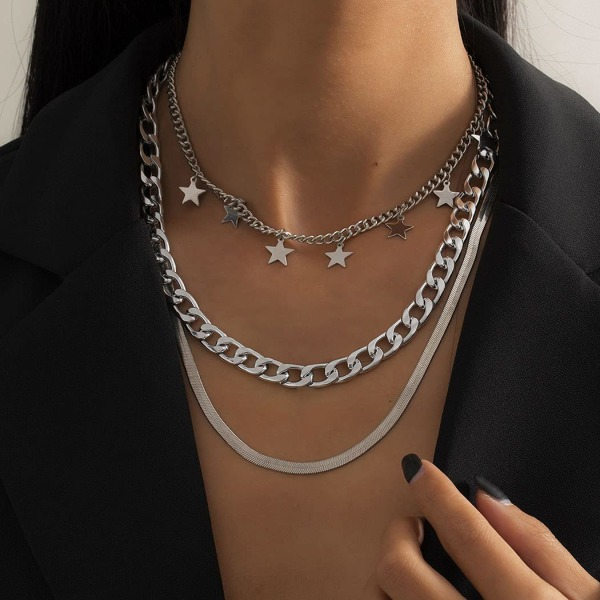 Punk Multilayer Halskæde Stjerne Slange Knogle Link Multilayer Choker Halskæde Lag Papirclips Halskæde Kæde Smykker silver B