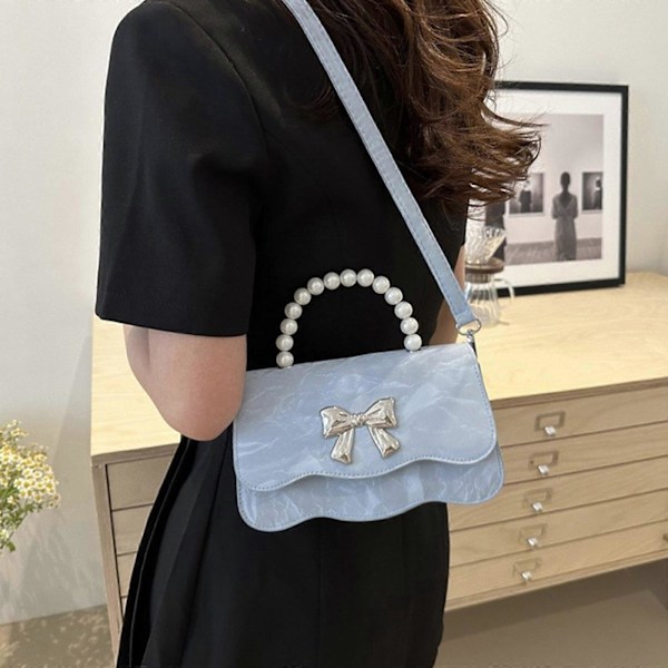 Håndveske med perler, topphåndtak og justerbar stropp for kvinner, PU-lær, søte sløyfer, crossbody skulderveske, svart Black