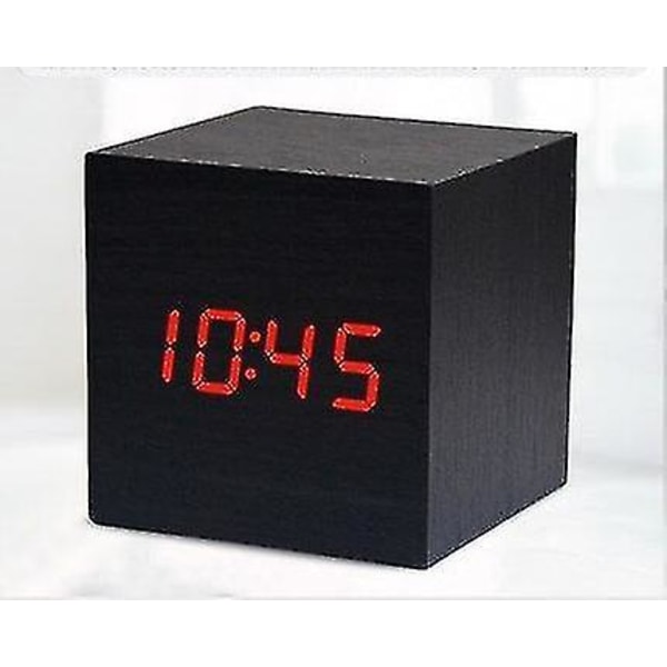Træur kreativt elektronisk ur firkantet digitalt ur mini vækkeur termometer sengekantsur (tid, dato Temperatur) -A4
