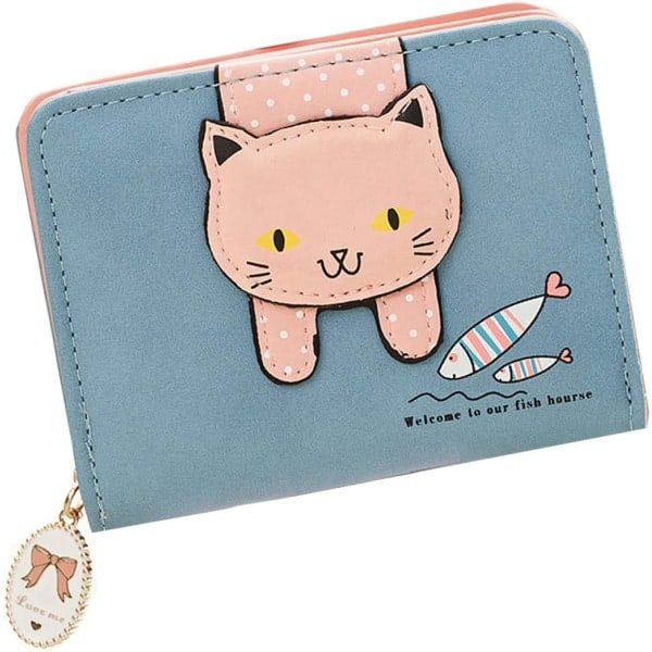 Girls Women Small Wallet Cute Cat Pattern Clutch Bag (Blue)