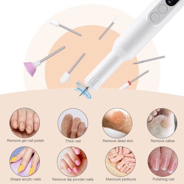 Elektrisk neglefil, trådløs neglefilmaskine med 12 neglefiler, bærbar neglefilsæt med trådløs opladningsbase White