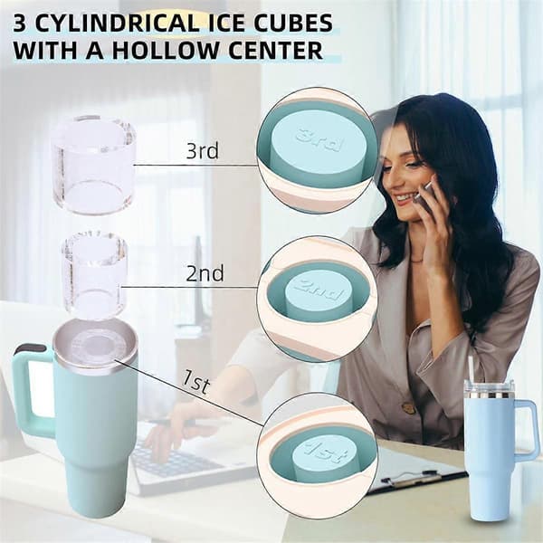 Silikone-isterningebakke med låg til 20-40 Oz krus, 3 hule cylinder-isterningforme til krus, genanvendelig