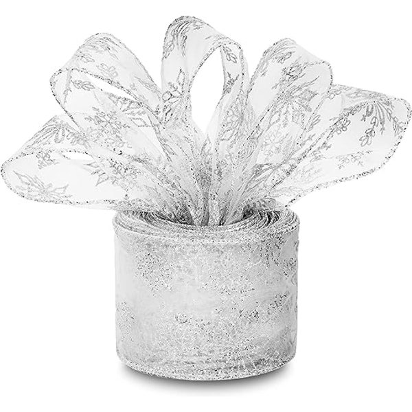 1 sølv organza gavebånd - Julebånd med tråd