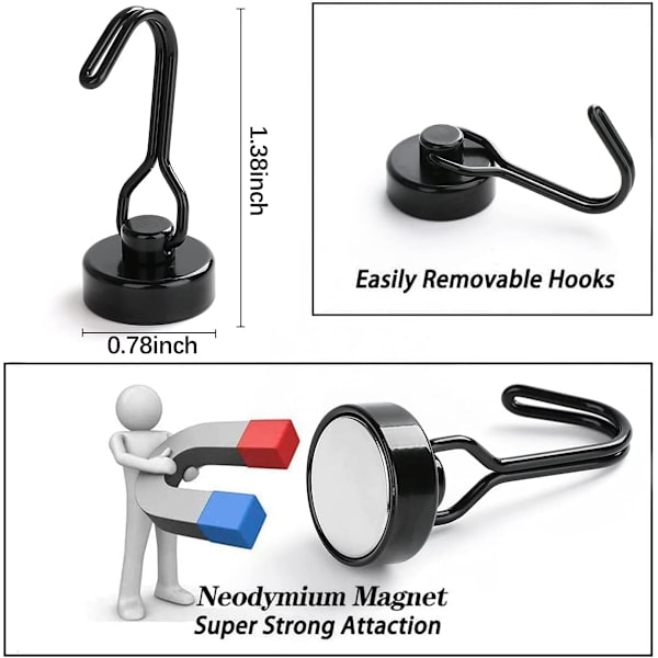4 kappaletta magneettisia koukkuja, vetovoimaiset neodyymimagneettiset koukut, raskaat magneettiset koukut, magneetit koukulla (musta)