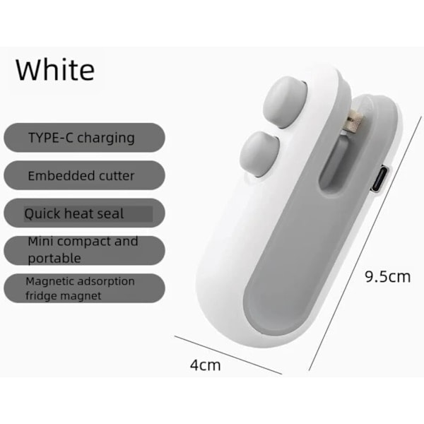 Mini Poseforsegler, USB-C Genopladelig Poseforsegler, 2 i 1 Poseforsegler Varmestempling med Klips og Magnet, Mini Poseforsegler, Hvid