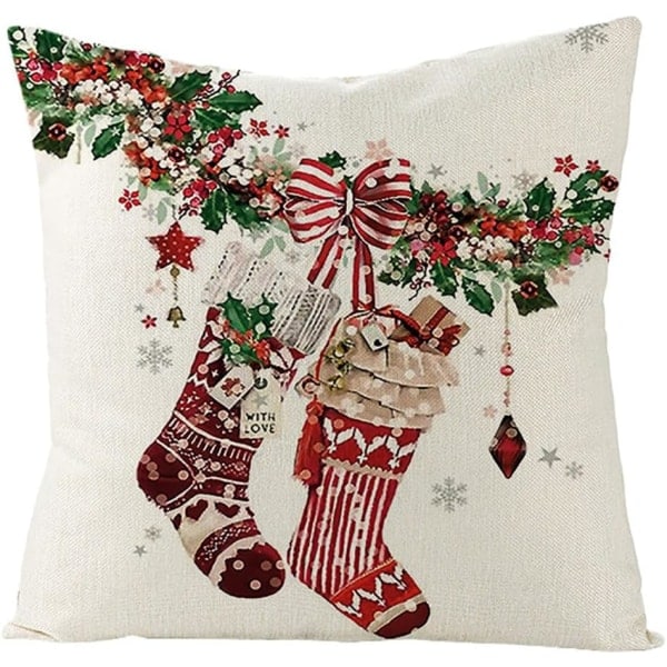 Jul Kuddfodral Set om 4 18 x 18 Tum Linne Kuddfodral Julgran Tomte Snögubbe Tryck Vinter Jul Dekorativ Kudde