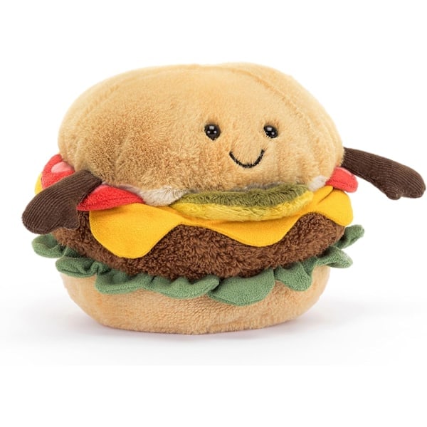 Jellycat Amuseables Burger Plyschdjur, 4,5 tum | Matplysch | Rolig Present Idé