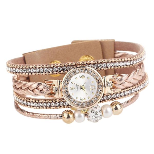 Elegant Flerlags Rhinestone Flettet Armbåndsur til Hverdagsbrug Pink