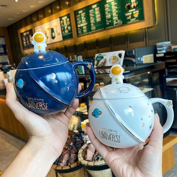 Søt Astronaut Kopp med Lokk og Skje, Kawaii Kopp Nyhet Kopp Kaffe, Te og Melk, Kopp Gave Mørkeblå 400ml