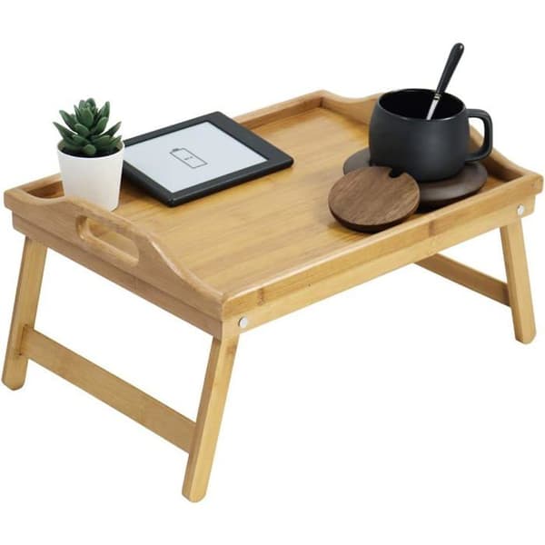 Sengebrett med sammenleggbare ben, bærbart frokostbrett, serveringsbrett, bambusbord, 40*30*21,5 cm