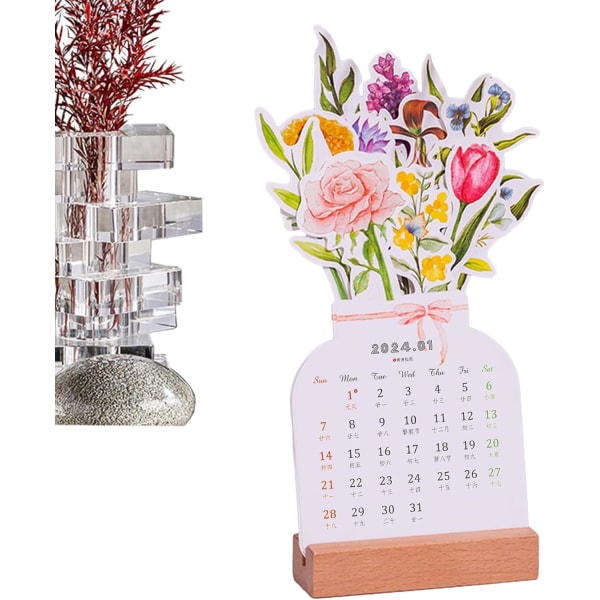 2024 Bloomy Flowers -pöytäkalenteri, maljakkomuotoinen uudenvuoden kuukausikalenteri, luova kukkainen pöytäkalenteri pöytäsisustukseen, kodinsisustus-B