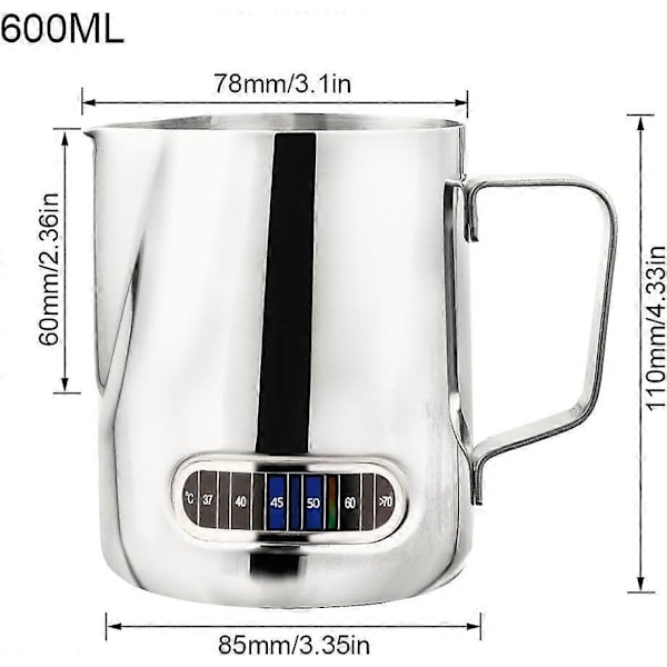 600ml Melkekanne med Skummingspitte, Rustfritt Stål, Kaffe Skummingspitte, med Termometer, for Kaffe Cappuccino Espresso Latte