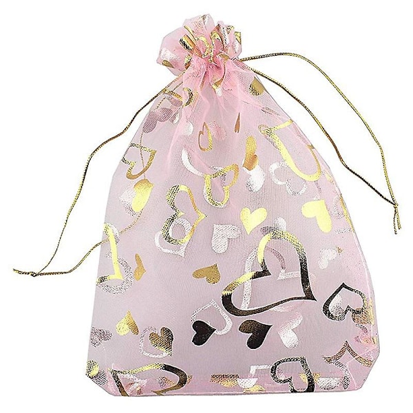 100 stk. 9x12cm Hjertetrykte lyserøde organzaposer Smykkeposeposer Organza snøreposer Bryllup