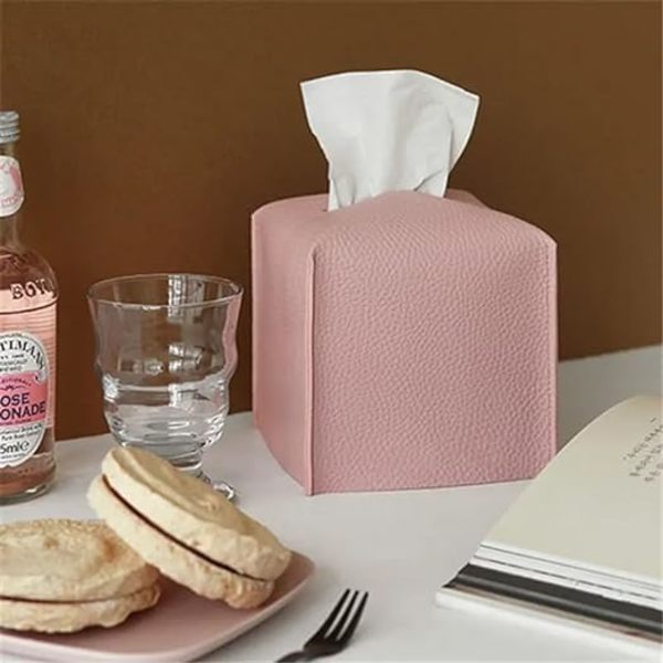 Fyrkantig servettbehållare, läderhus servettbehållare, dekoration servettpappershållare servettdispenser, restaurang, hem, kontor, hotell, bil (rosa)