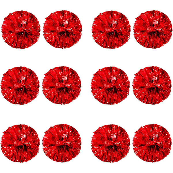 12 stk Cheerleading Pom Poms for Barn, Metallisk Folie & Plast Ring Cheer Pom Poms for Gutter Large Red
