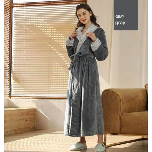 Lång pyjamas för dam med bälte, mjuk och len grå M